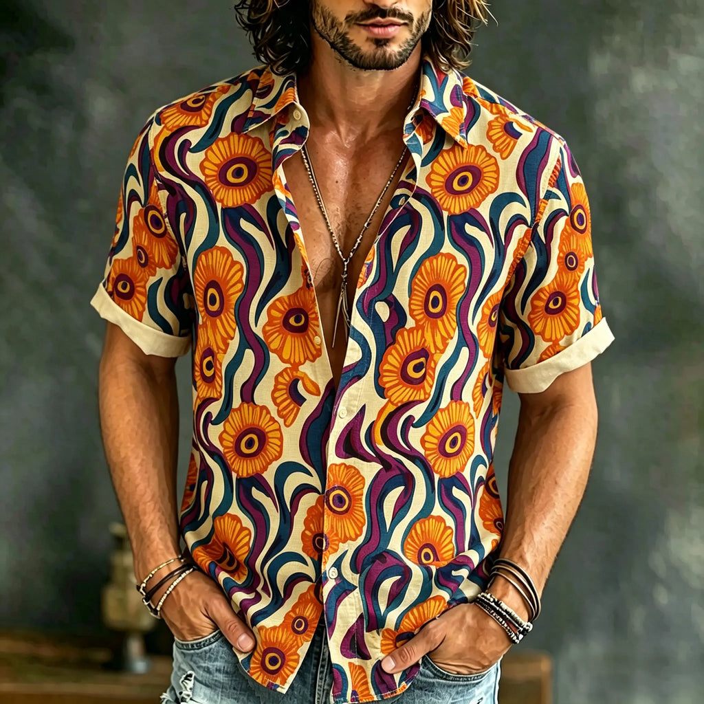 Men's Vintage Hippie Floral Art Print Short Sleeve Linen Shirt