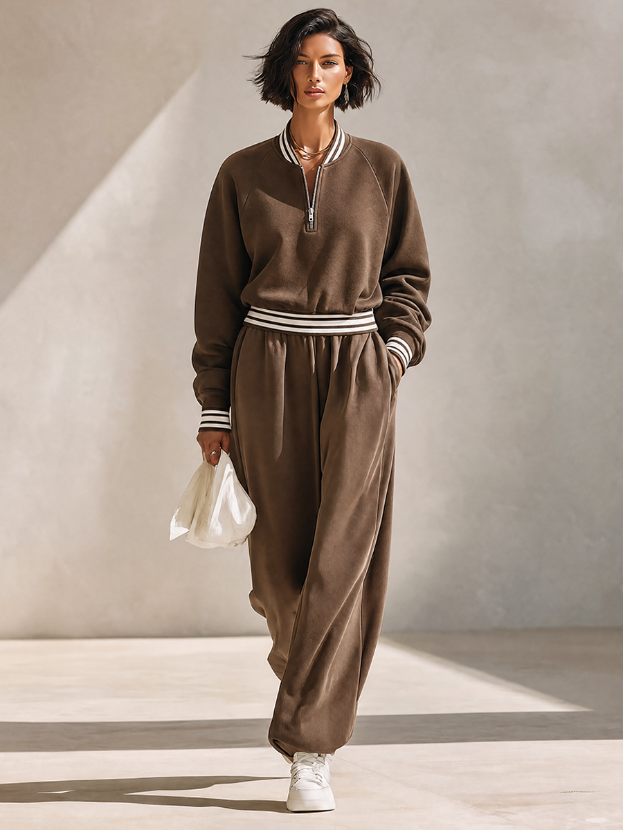 Women's Coffee Brown Cotton Blend Striped Trim Half-Zip Sweatshirt & Wide Leg Sweatpants Tracksuit Set MDZ2400G8ZRK