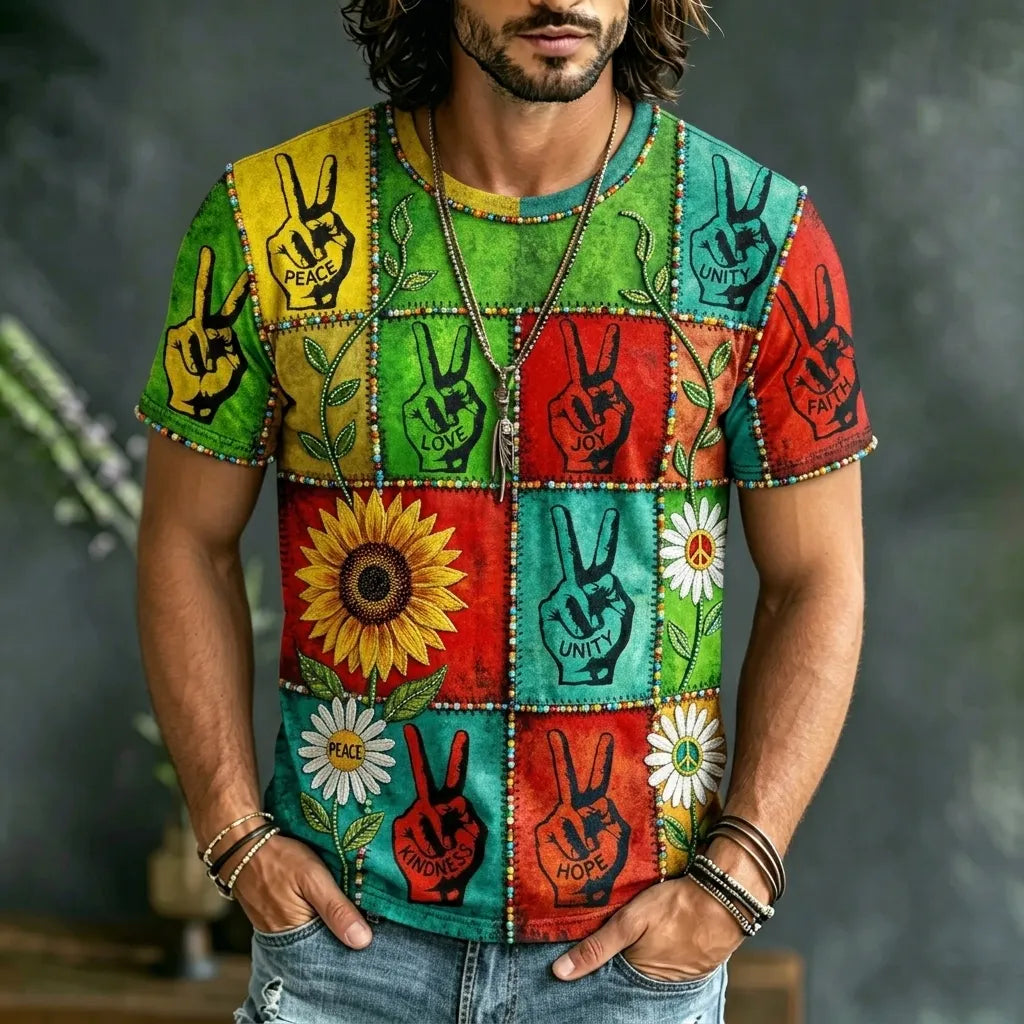 Men's Retro Hippie Peace Pattern Casual Short-sleeve T-shirt