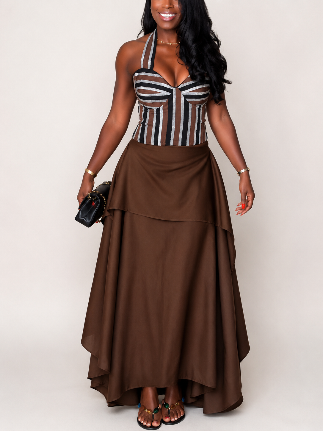 Elegant Striped Corset Halter Top & Layered Maxi Skirt Two-Piece Set