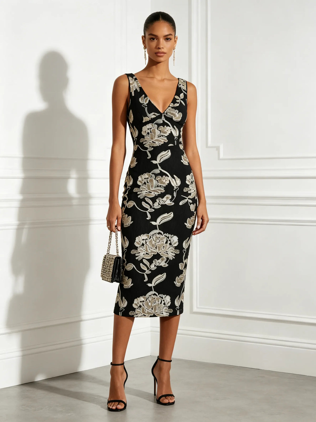 Black Jacquard Classic V Neck Sleeveless Sheath Midi Dress