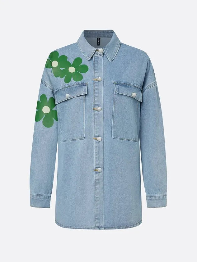 Casual Floral Buttoned Denim Shirt