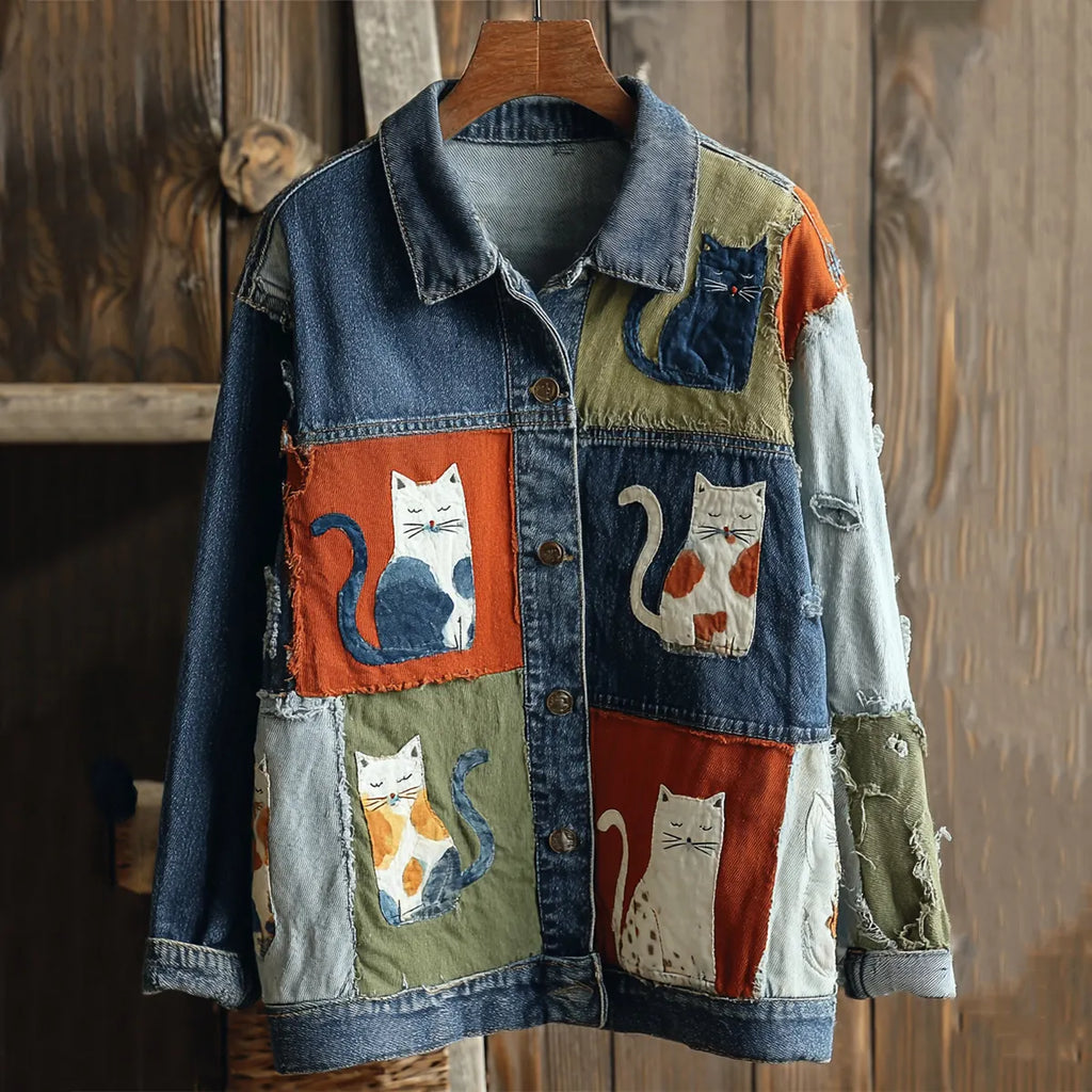 Women's Casual Cute Patchwork Cat Pattern Denim Jacket