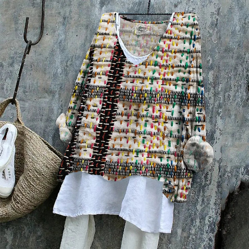 Rainbow Colorful Embroidered Stitch Textile Art Linen Blend Tunic