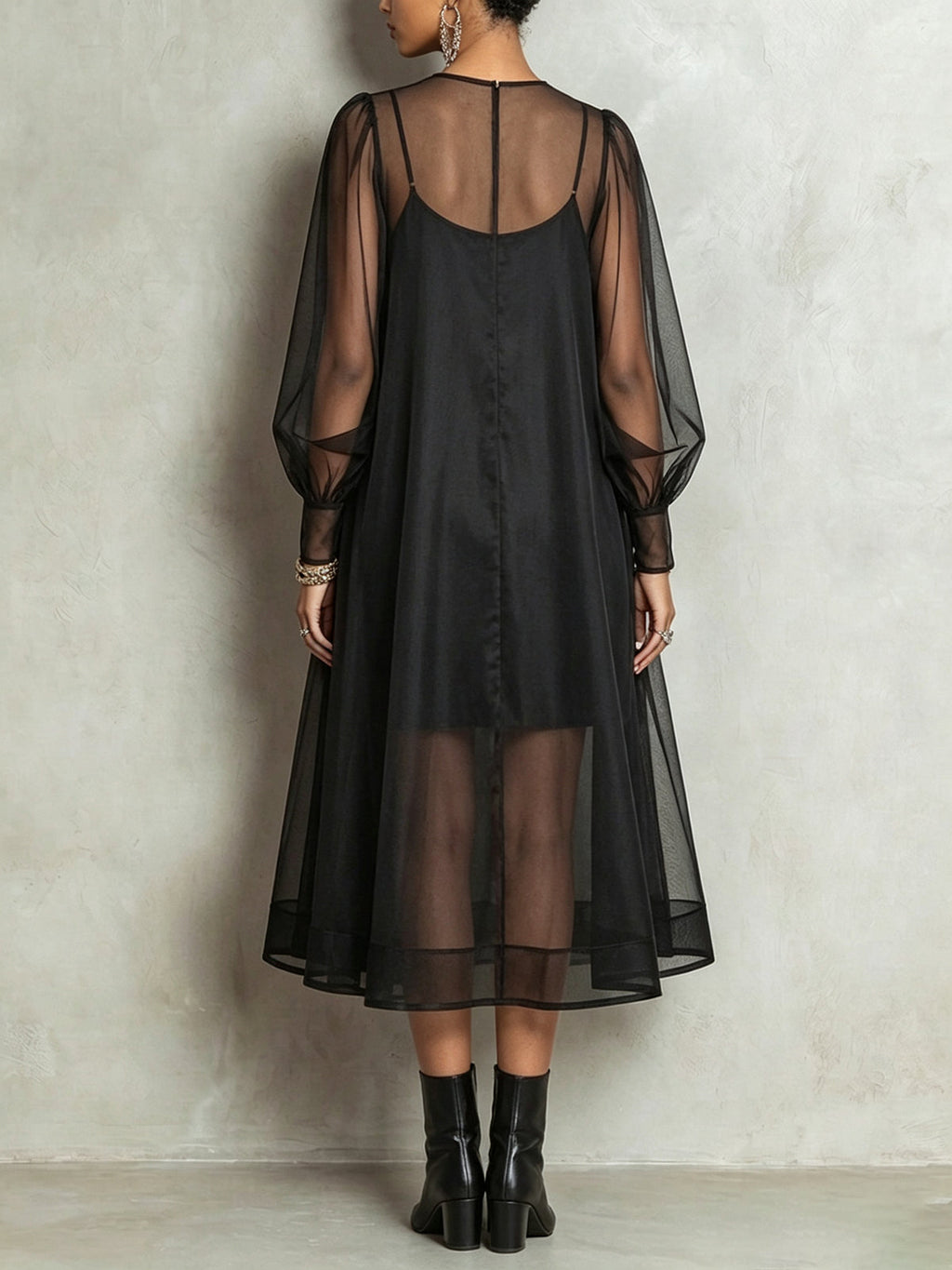 Black Sheer Mesh Overlay Midi Dress