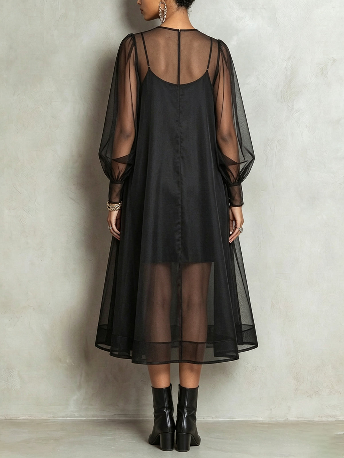 Black Sheer Mesh Overlay Midi Dress