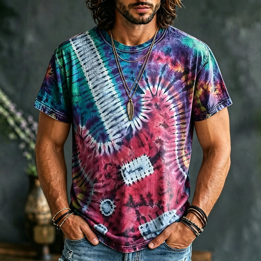Men's Hippie Tie Dye Guitar Print T-shirt