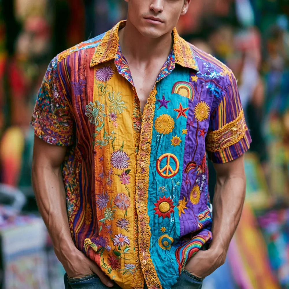 Men's Peace Symbol And Floral Art Hippie Embroidered Patchwork Casual Short Sleeve Shirt