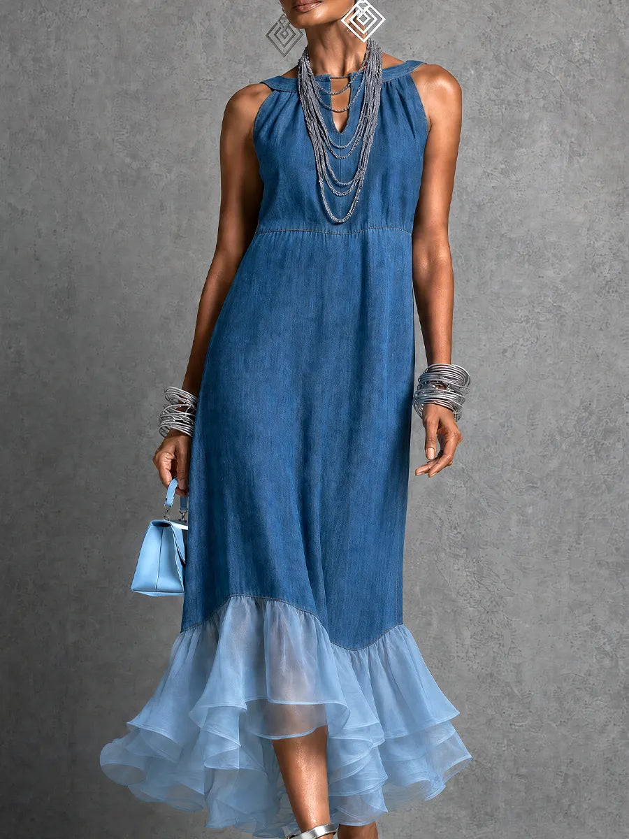 Vacation-to-Dinner Sleeveless Denim Tulle Midi Dress