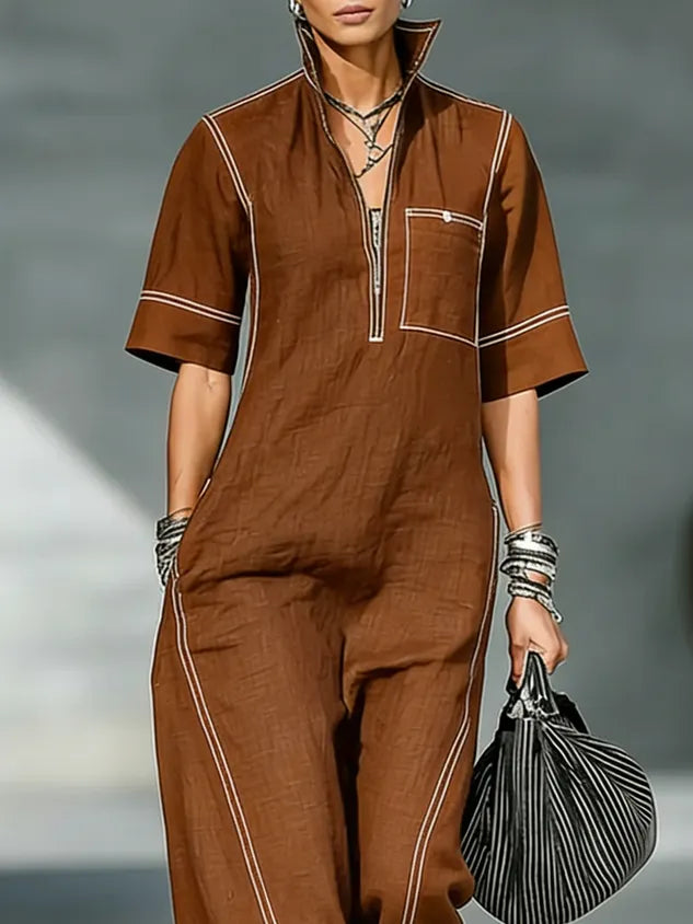 Casual Color Block Shirt Cotton And Linen Jumpsuit