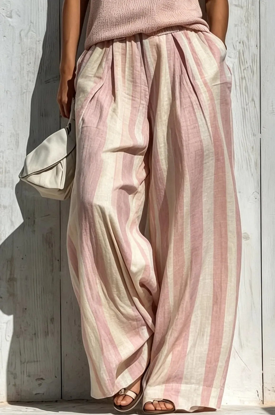 Pink Casual sleeveless top and loose striped trousers set
