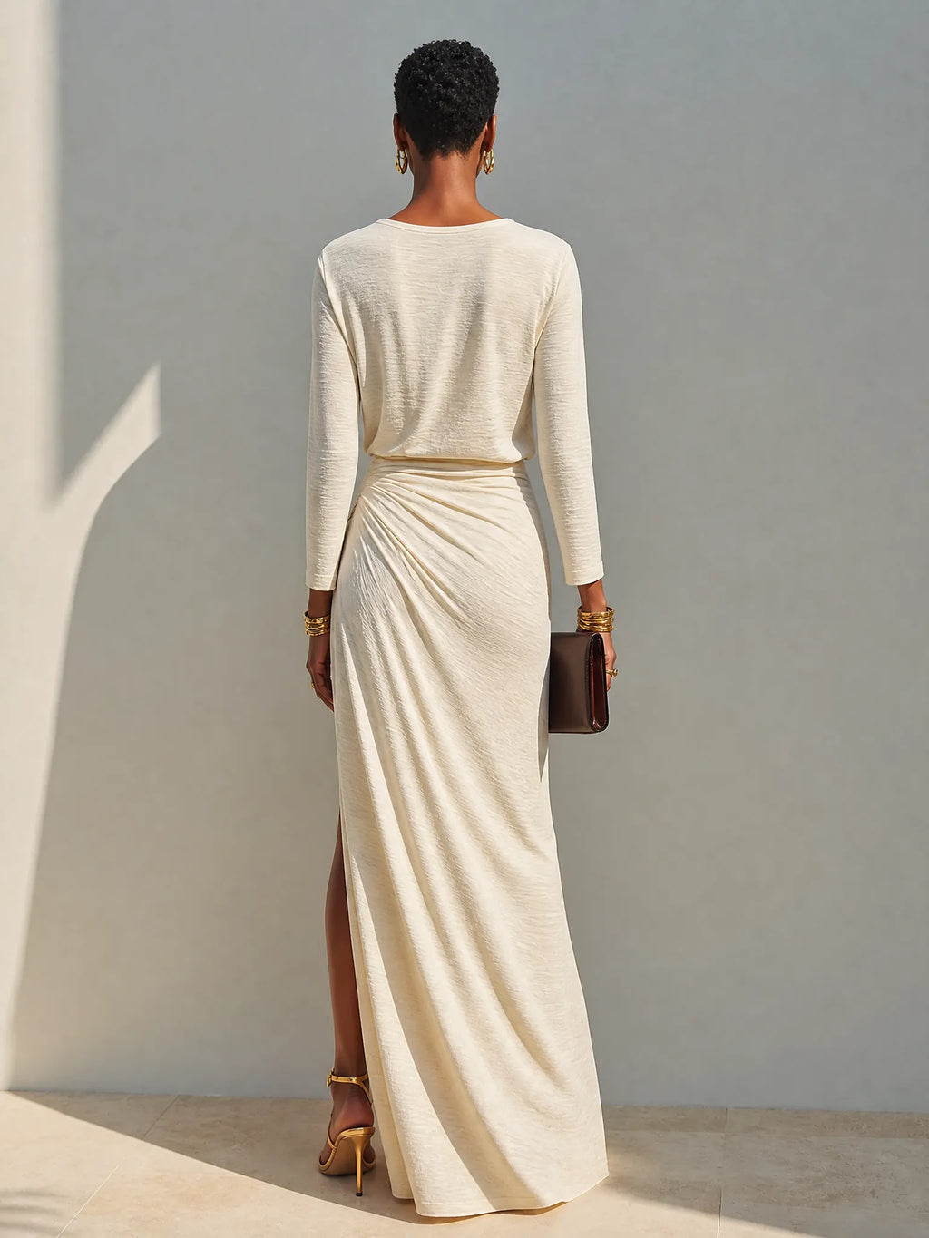 Women's Beige Cotton-Blend Crew-Neck Ruched Slit Maxi Dress MDZ2273G6ZRK