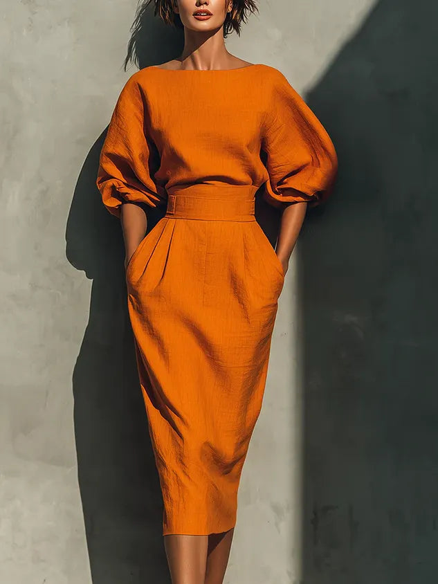 Cotton Elegant Plain Crew Neck Midi Dress