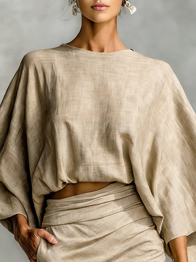 Cotton Casual Plain  Bell Sleeve Blouse