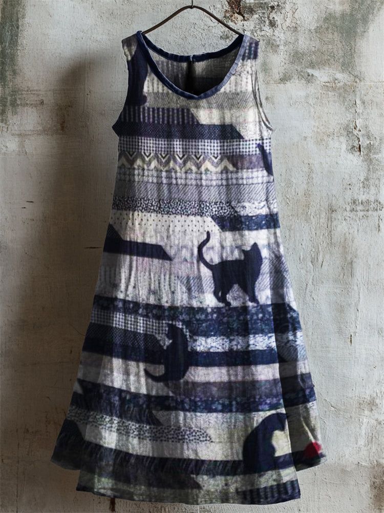 Cats Patchwork Textile Linen Tank Dress