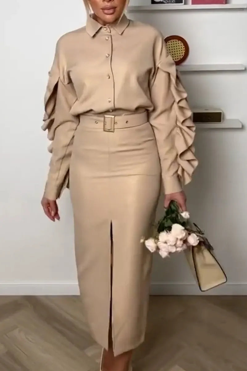 Women Collar Patchwork Top+ Slit Skirt Elegant Temperament Set or Pants Set