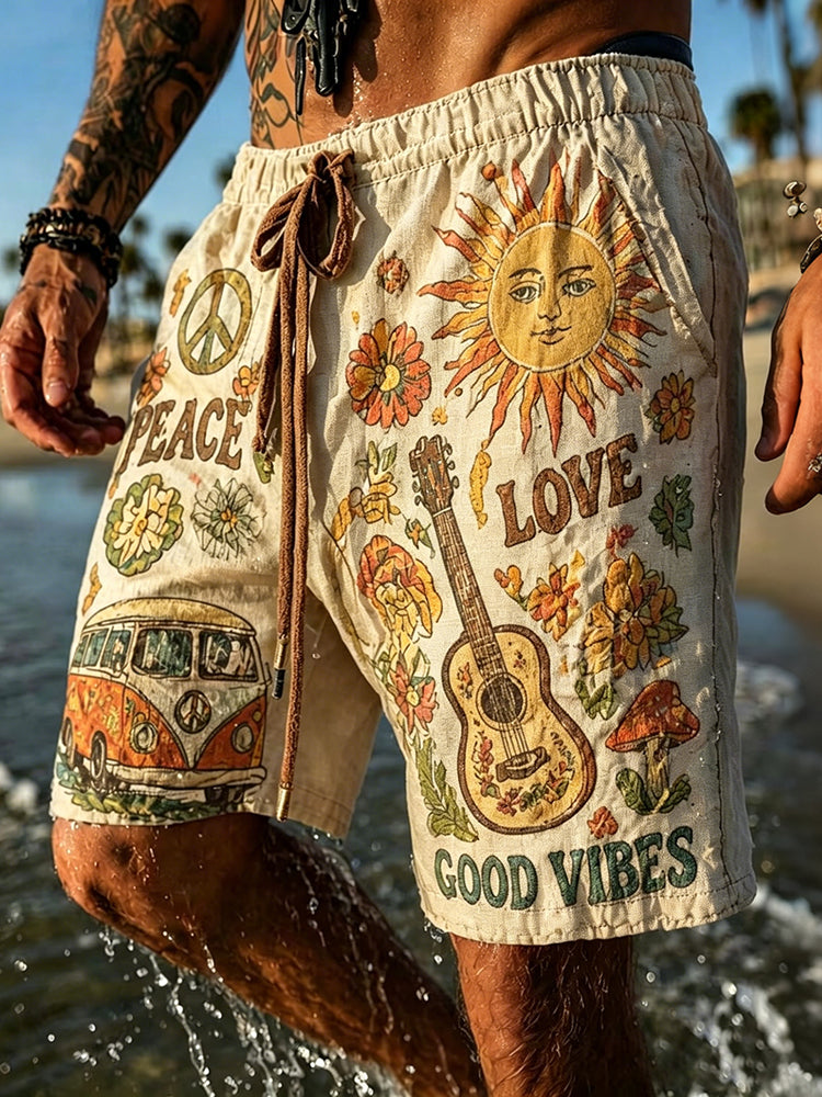 Men's Colorful Hippie Sun And Hippie Car Pattern Casual Linen Blend Shorts