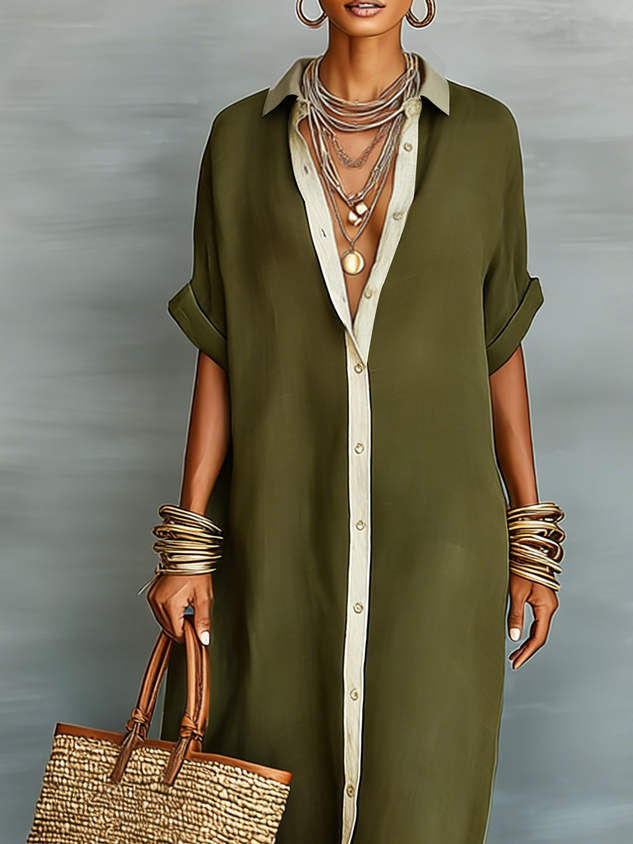 Casual Colorblock Relaxed Maxi Shirt Dress