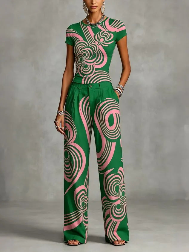 Casual Geometric Floral Straight Pants