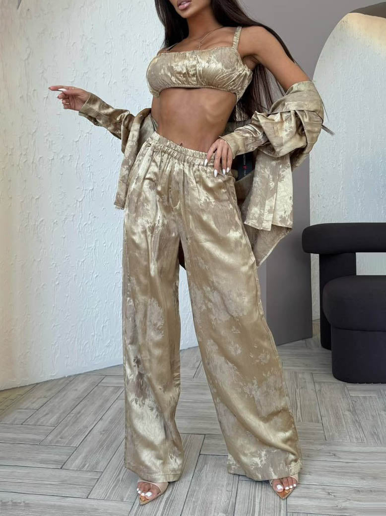 Exquisite Strapless Satin Gradient Print Long-sleeved Shirt