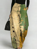 Women's Retro Geometric Art Print Casual Stylish Hollow Denim Pants