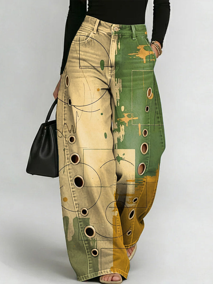 Women's Retro Geometric Art Print Casual Stylish Hollow Denim Pants