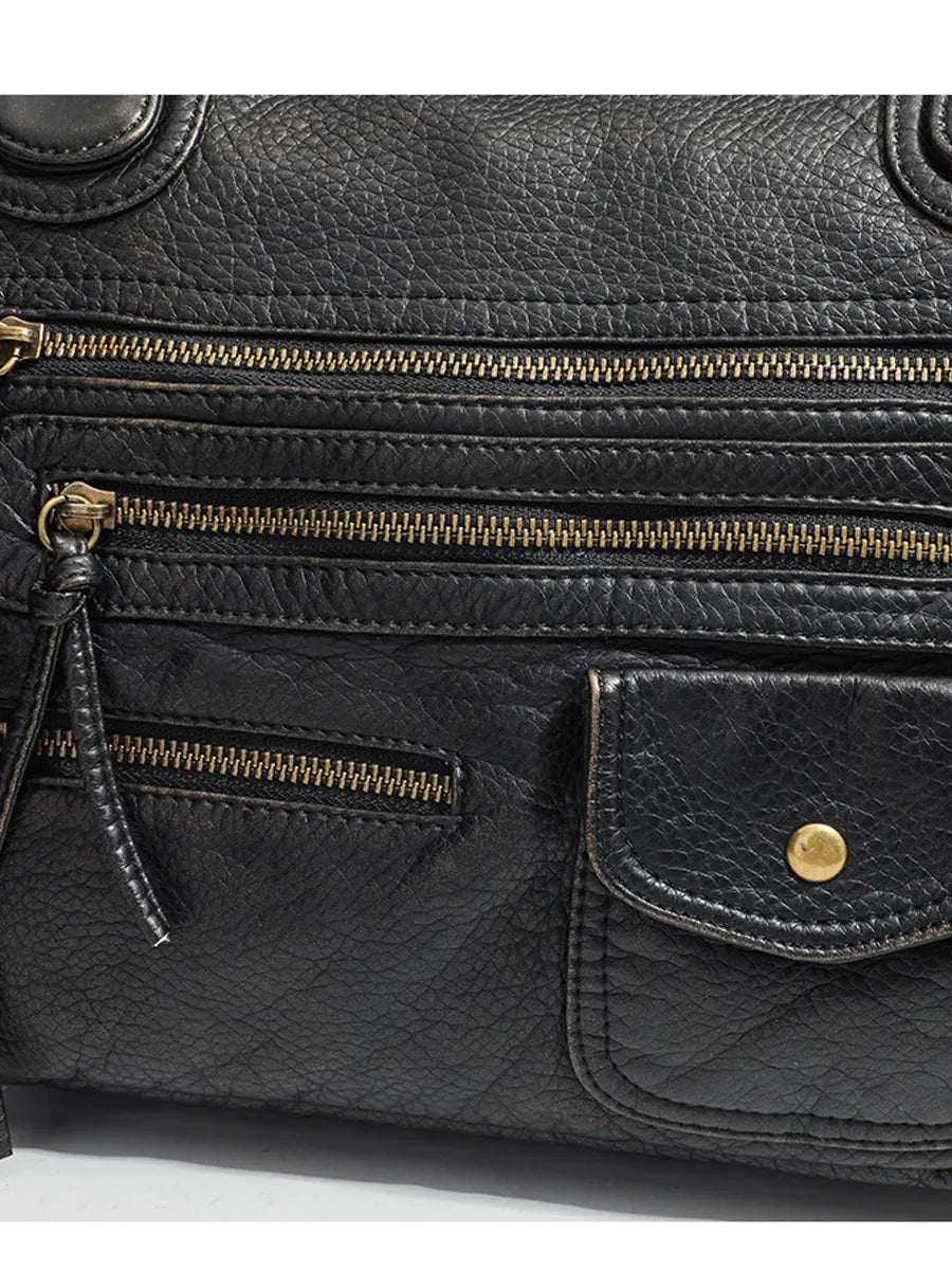 Women's Fashionable Distressed Multi-pocket Leather Handbag MDA0889H1Y