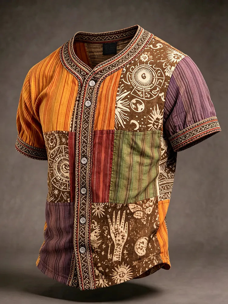 Men's Retro Ethnic Patchwork Short-sleeve Cotton Linen Shirt