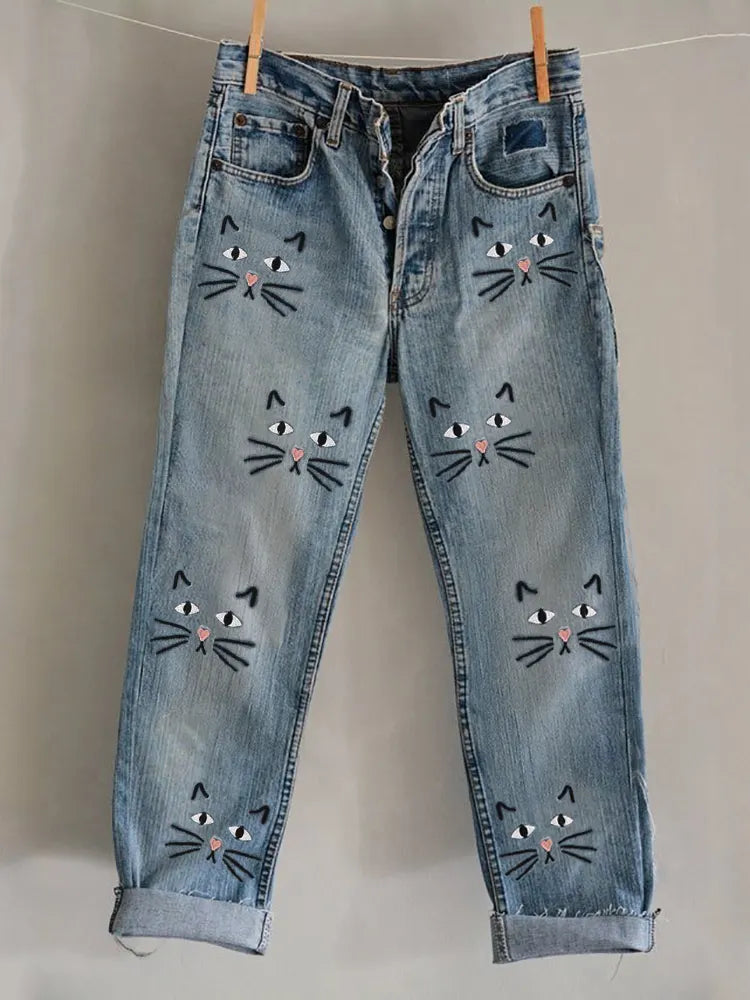 Lovely Cat Faces Embroidery Pattern Washed Jeans