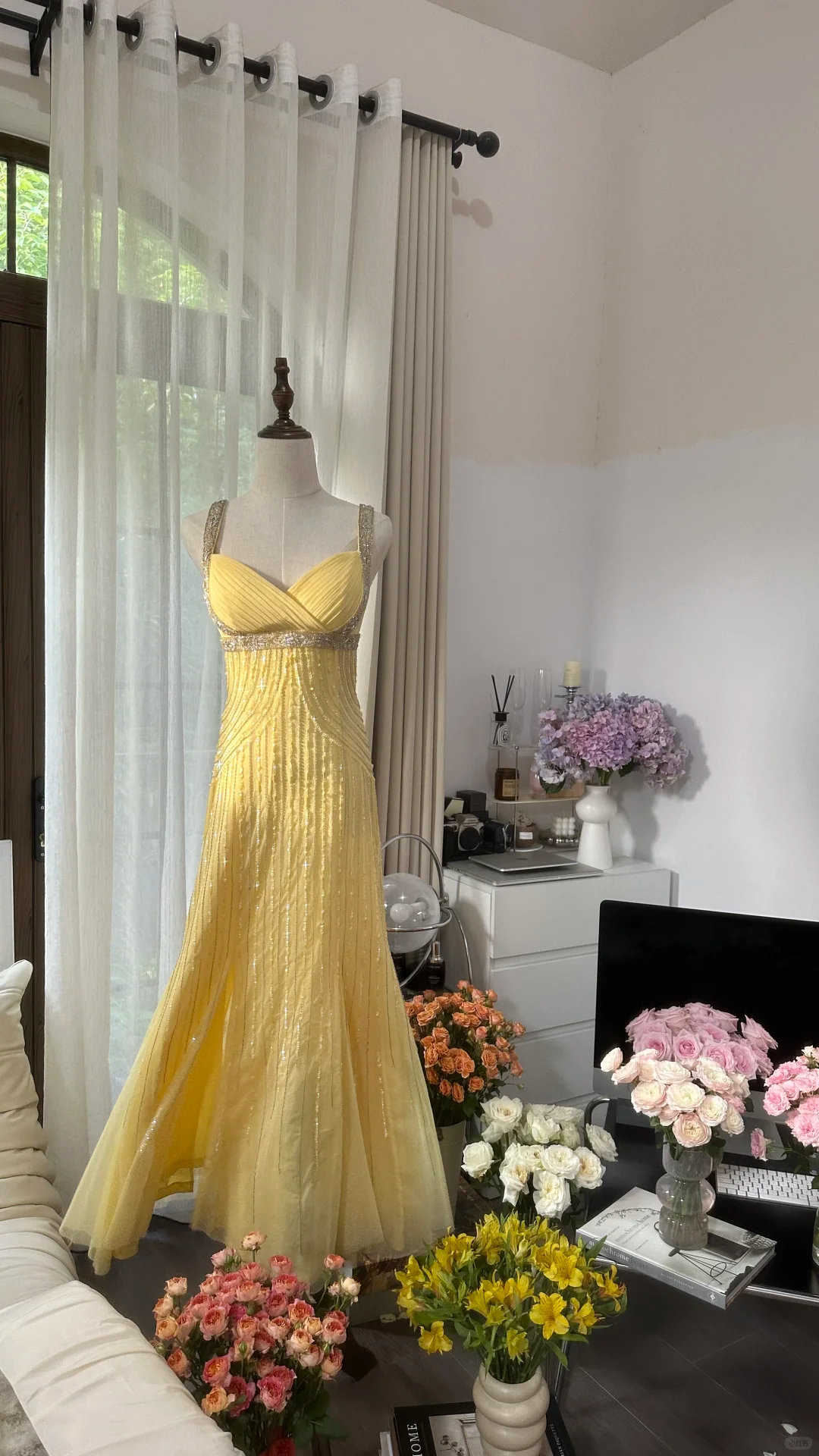 Lit Yellow Gorgeous Shiny Fashion Elegant Exquisite Beaded Long Tulle Backless Fairy Ball Gown Evening Dress Birthday/Wedding Guest/Holiday Party Dress Prom Dress Valentine's Day Date Dress 4034