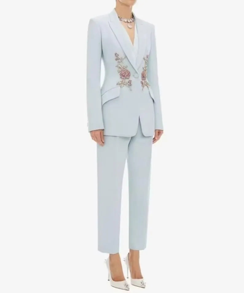 Women Designer 2 Piece Suit In Sky Blue Colour. Custom Made Slant Pockets Peak Lapel Wedding Bridesmaid Cocktail Dinner Party Prom Wear