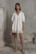 Women's White Off-Shoulder Puff Sleeve Lace Trim Mini Dress