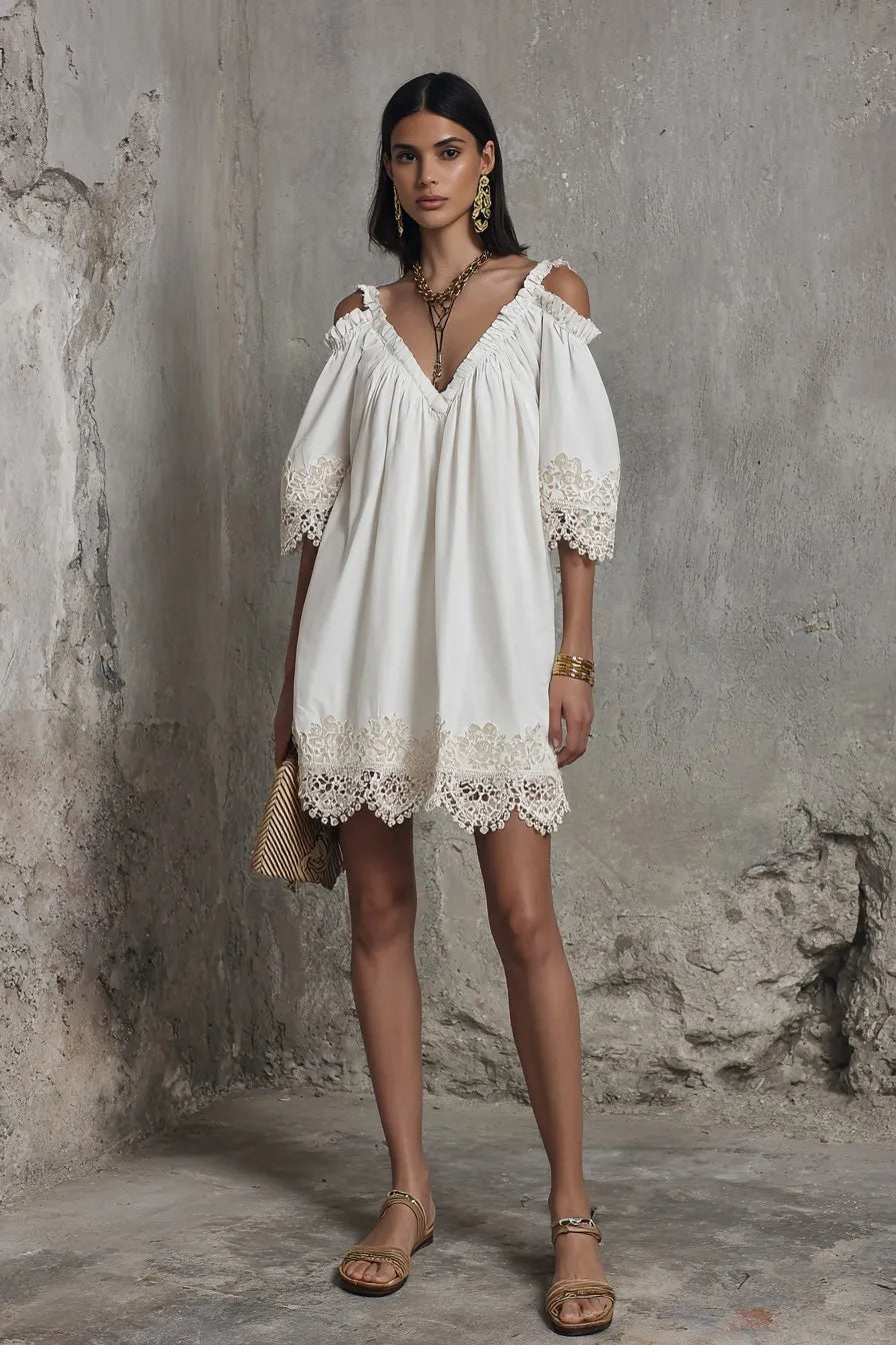 Women's White Off-Shoulder Puff Sleeve Lace Trim Mini Dress