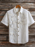 Japanese Style White Cherry Blossom Embroidered Washed Short Sleeve Shirt