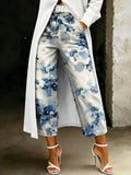 Women's Fashion Ombré Watercolor Floral Artistic Print Casual Wide-leg Denim Pants