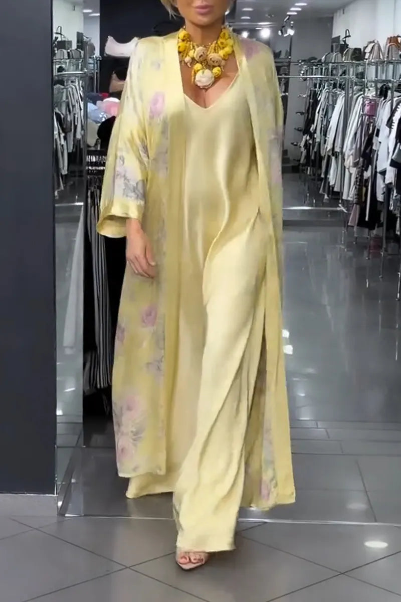 Women Camisole Dress+ Printed Cardigan Elegant Casual Suit