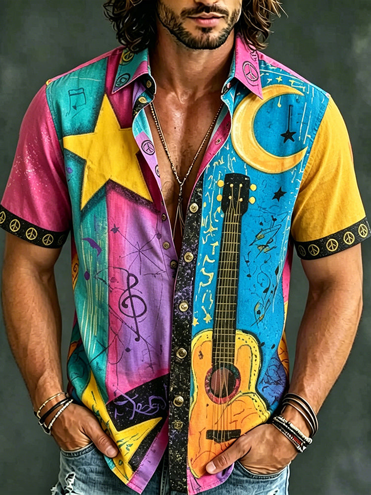 Men's Retro Hippie Guitar Art Pattern Casual Shirt