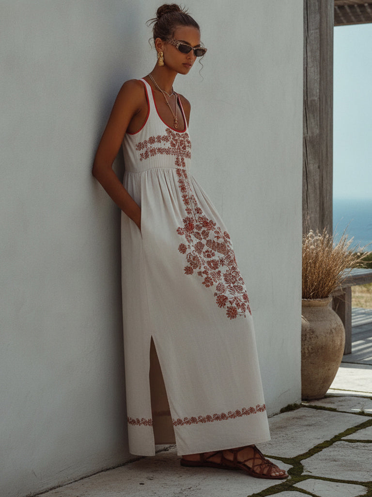 White Floral Print Sleeveless Maxi Dress