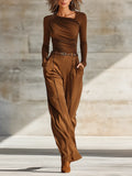 Women's Chocolate Brown Co-Ord Set With Diagonal Neckline Draped Slim Blouse & High Waist Pleated Wide Leg Pants, Minimalist Elegant Two Piece Outfit (without Belt) MDZ2499G2LYL