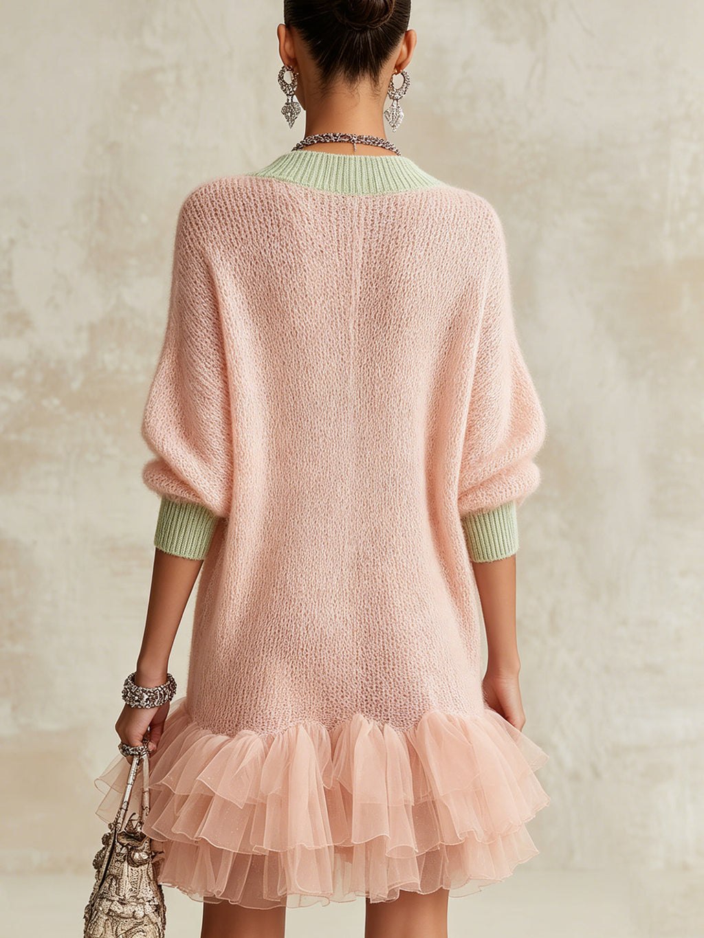 Pink Knit Mini Dress With Green Trim And Layered Tulle Hem