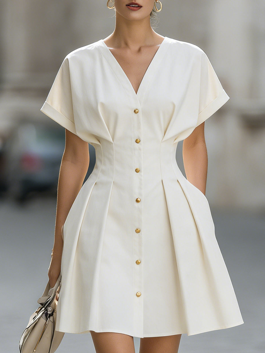 V-Neck Short Sleeve Waist-Cinched Mini Dress With Gold Buttons