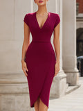 Deep V-Neck Short Sleeve Wrap Hem Bodycon Midi Dress