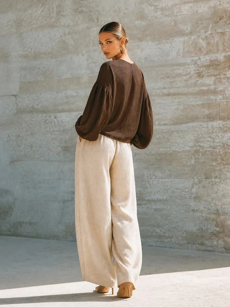 Women's Brown Long Sleeve Top and Wide Leg Pants Two Piece Set
