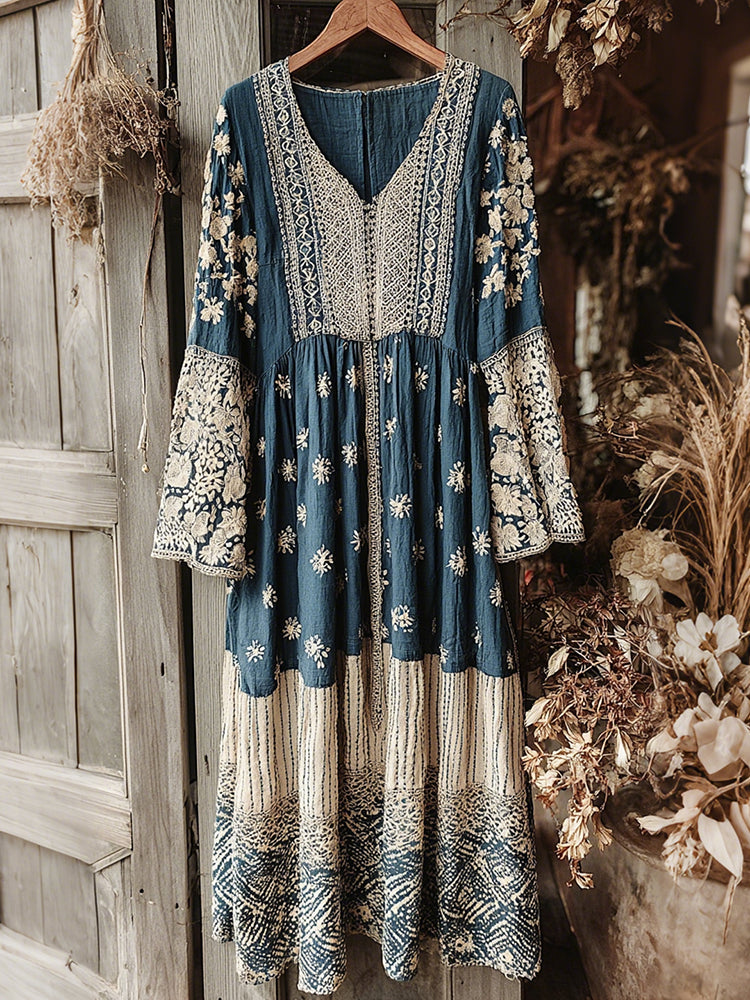 Vintage Japanese Traditional Sashiko With Lace Art Pattern Linen Blend Maxi Dress