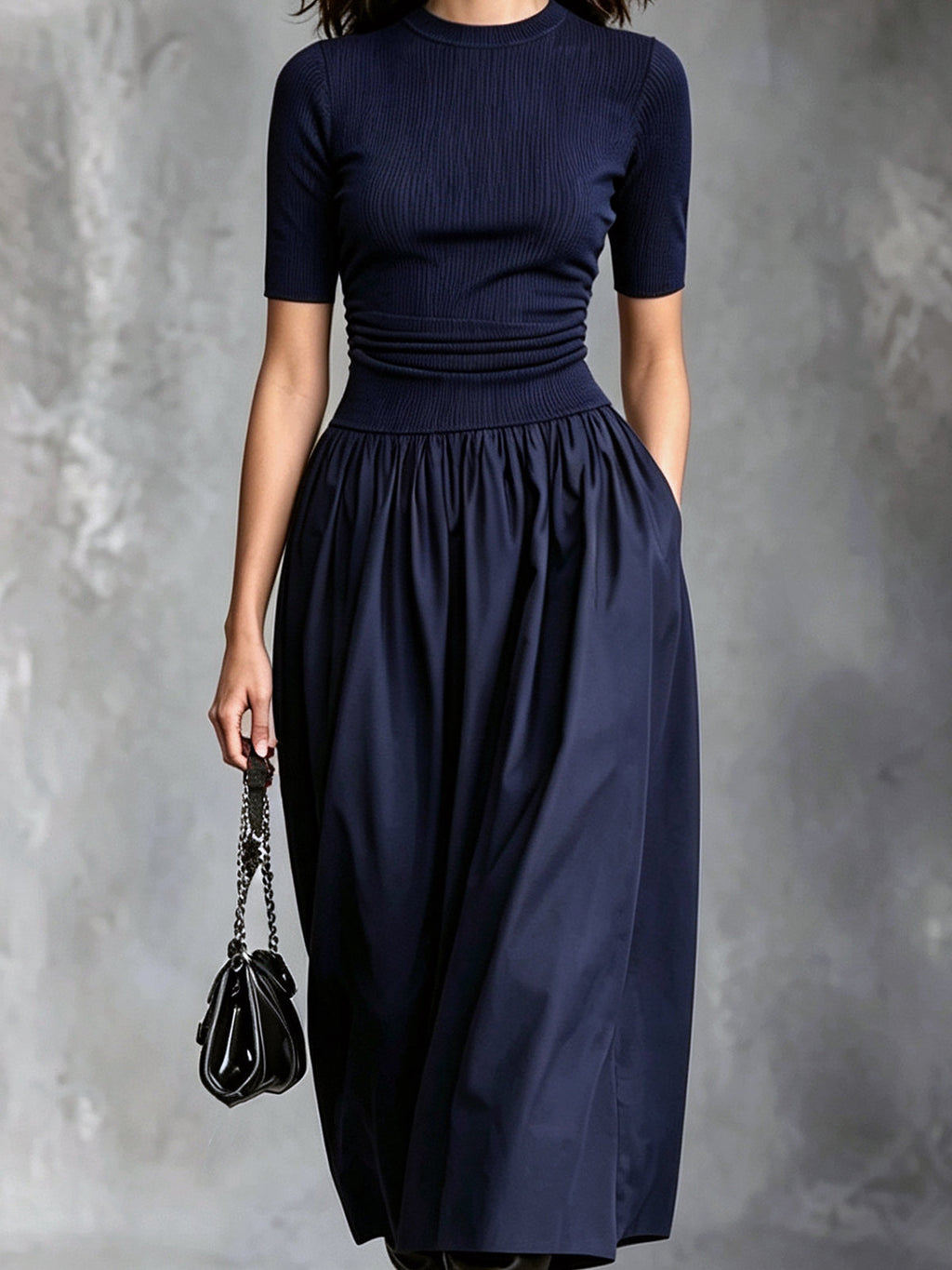 Casual navy blue crew neck short-sleeved top and midi skirt set