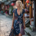 Women's Japanese Sashiko And Floral Pattern Linen Short-sleeved Dress