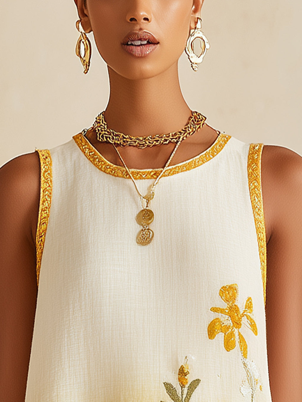 Yellow Ombre Sleeveless Mini Dress With Floral Embroidery