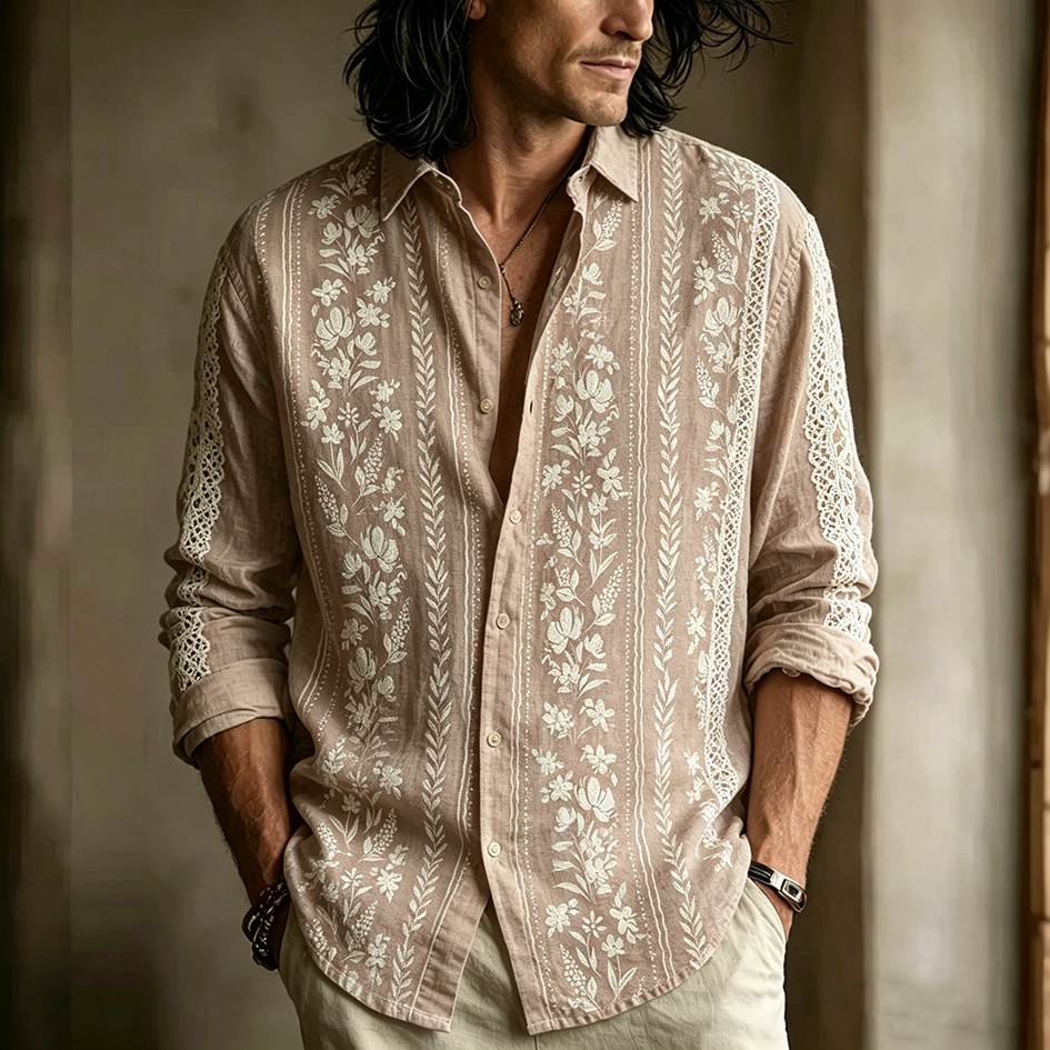 Bohemian Plant Flower Embroidered Pattern Retro Casual Linen Shirt