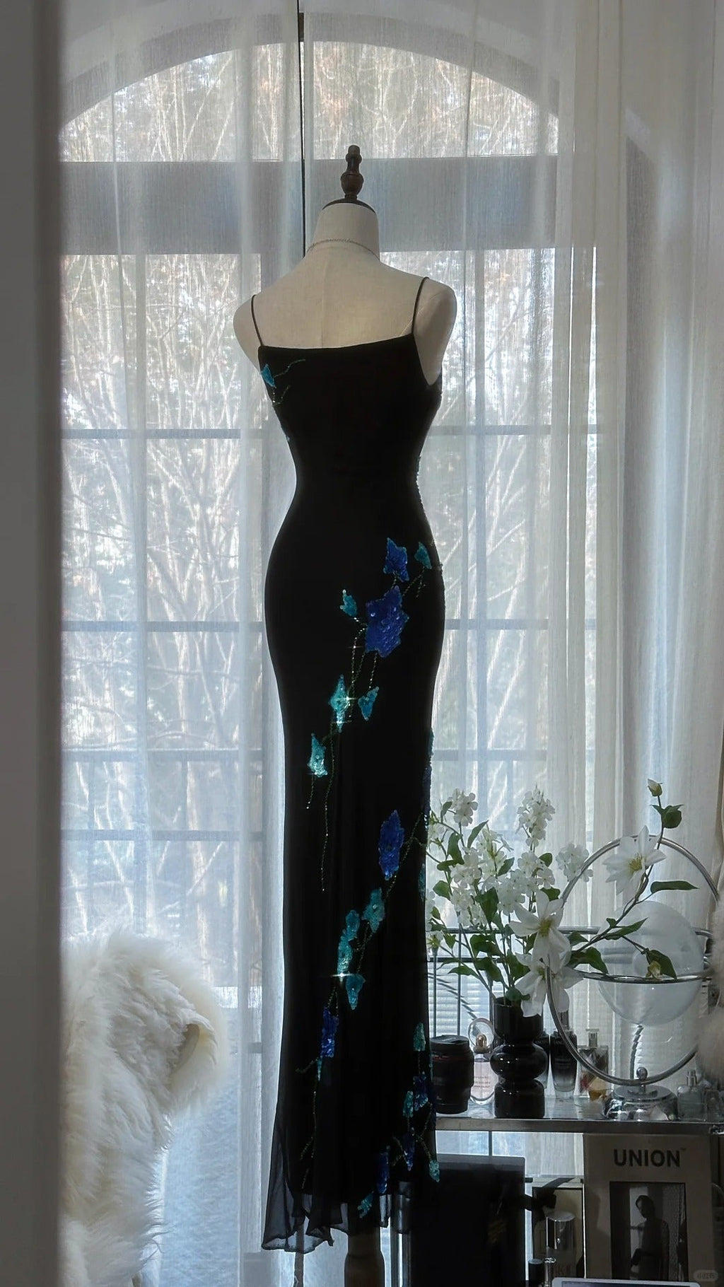 Black Romantic Elegant Delicate Blue Floral Beaded Long Chiffon Ball Gown Evening Gown Birthday Vacation Wedding Guest Party Dress Prom Gown 4010