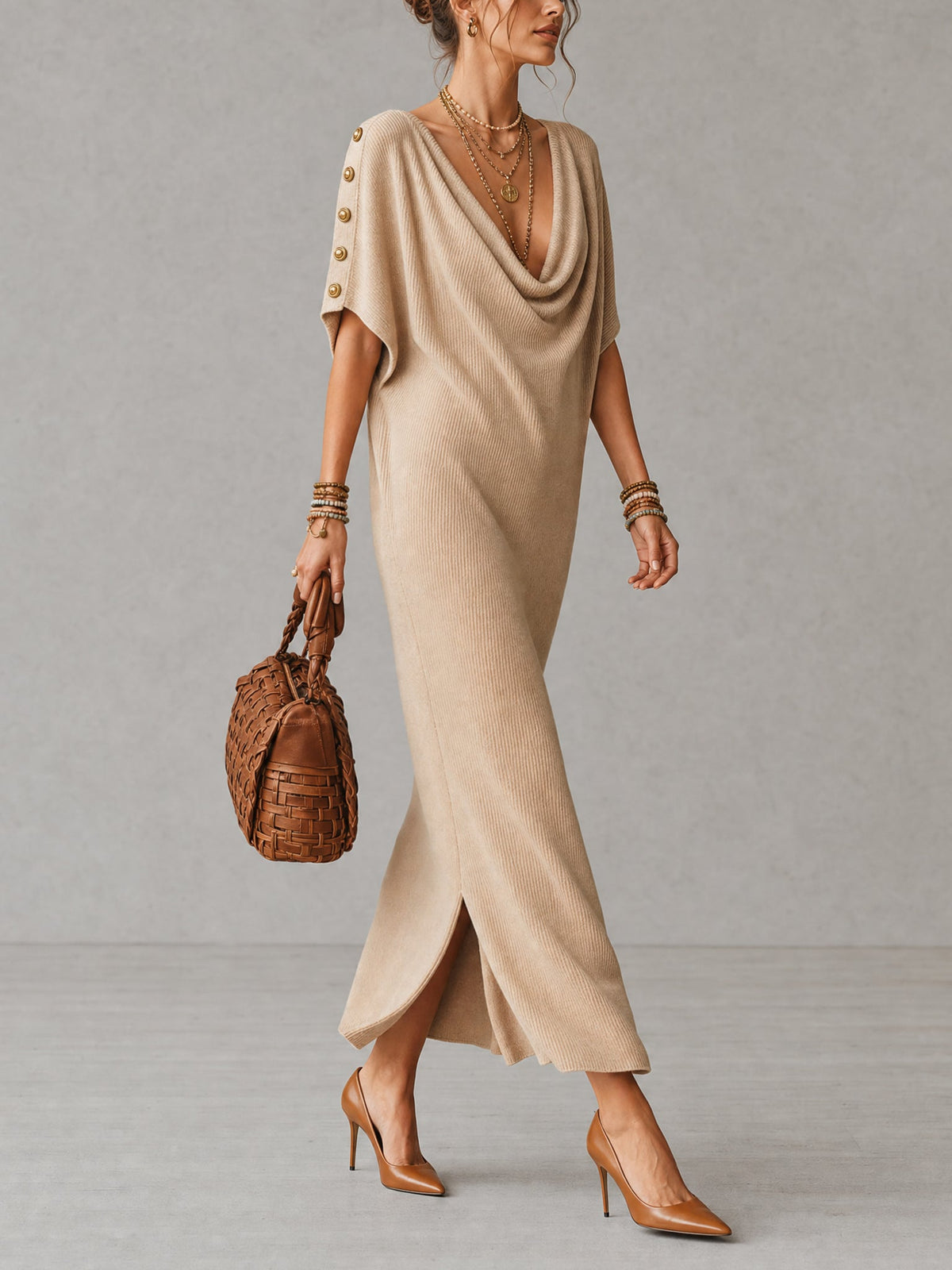 Camel Cowl Neck Knit Maxi Dress With Vintage Button Detail